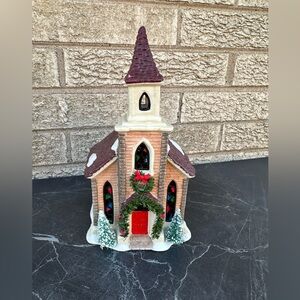 Vtg. Christmas Valley Heartland Collection Lighted Stained Glass Village Church